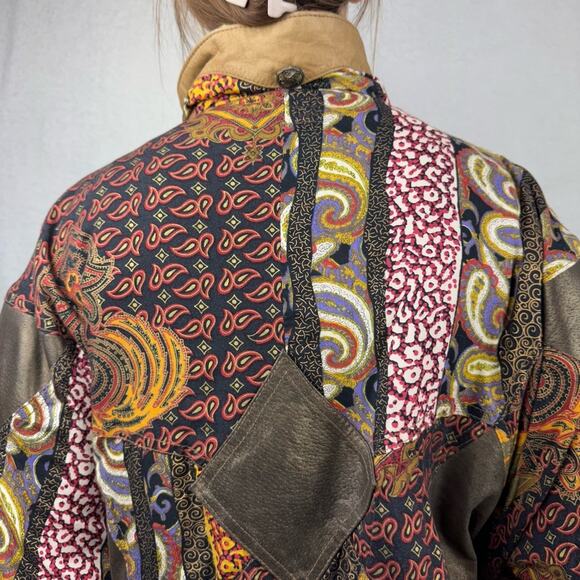 Vintage Tan Genuine Leather Patchwork Scrunched Full Zip Bomber Jacket Size S - Picture 7 of 16